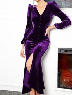 Women's Prom Dress Party Dress Velvet Dress Long Dress Maxi Dress Black Pink Wine Long Sleeve Pure Color Button Fall Winter Autumn V Neck Fashion Winter Dress Birthday Evening Party 2023 S M L XL XXL -Party Prom Dresses Sales Store uzyrct1693535346713