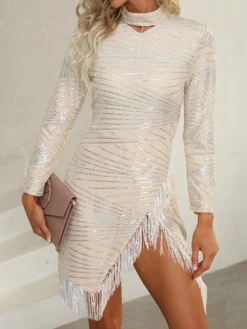 Women's Party Dress Fringe Dress Sheath Dress Mini Dress Silver Long Sleeve Pure Color Tassel Fringe Fall Winter High Neck Sexy Party Winter Dress Fall Dress Slim 2023 S M L XL XXL