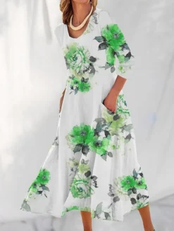 Women's Casual Dress Cotton Linen Dress Swing Dress Maxi Long Dress Polyester Fashion Casual Daily Outdoor Daily Vacation V Neck Pocket Print Long Sleeve Summer Spring Fall 2023 Loose Fit Light Green -Party Prom Dresses Sales Store vanono1690539145260