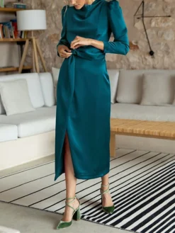 Women's Work Dress Satin Dress Semi Formal Dress Fashion Long Dress Maxi Dress Split Stand Collar Long Sleeve Plain Regular Fit Black Blue Sky Blue Fall Winter S M L XL -Party Prom Dresses Sales Store vayede1692761656384