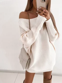 Women‘s Sweater Dress Winter Dress Khaki White Long Sleeve Pure Color Ruched Fall Spring Crew Neck Party Winter Dress Fall Dress Loose Fit 2022 S M L XL XXL 3XL -Party Prom Dresses Sales Store vbefri1640601555802