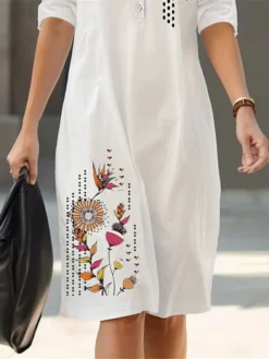 Women's Shirt Dress Casual Dress Cotton Linen Dress Midi Dress Polyester Fashion Casual Daily Outdoor Daily Vacation Crew Neck Button Print 3/4 Length Sleeve Spring Fall Autumn 2023 Loose Fit White -Party Prom Dresses Sales Store vbglqv1693387896189