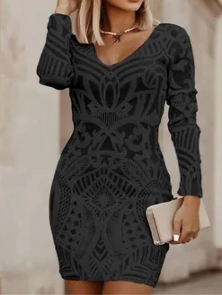 Women's Work Dress Party Dress Sheath Dress Fashion Mini Dress Print V Neck Long Sleeve Floral Geometric Regular Fit Black White Wine Fall Winter S M L XL XXL -Party Prom Dresses Sales Store vbsupc1676959074828