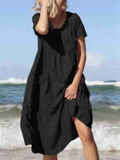 Women's Casual Dress Cotton Linen Dress Swing Dress Midi Dress Polyester Basic Classic Outdoor Daily Vacation Crew Neck Pocket Short Sleeve Summer Spring 2023 Loose Fit Black Yellow Blue Plain M L XL -Party Prom Dresses Sales Store vbtwdm1691067932789