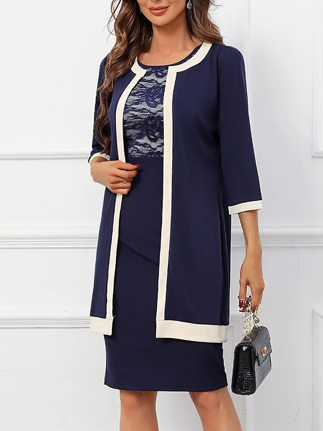 Women's Two Piece Dress Set Party Dress Lace Dress Party Office Fashion Elegant Lace Patchwork Midi Dress Crew Neck 3/4 Length Sleeve Plain Regular Fit Navy Blue Fall Winter S M L XL XXL 7 Women's Two Piece Dress Set Party Dress Lace Dress Party Office Fashion Elegant Lace Patchwork Midi Dress Crew Neck 3/4 Length Sleeve Plain Regular Fit Navy Blue Fall Winter S M L XL XXL - Image 7