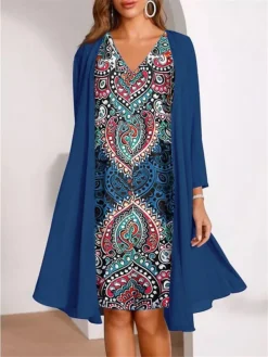 Women's Two Piece Dress Set Casual Dress Paisley Dress Daily Vacation Fashion Streetwear Print Mini Dress V Neck Long Sleeve Floral Paisley Loose Fit Black Blue Green Fall M L XL XXL 3XL