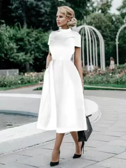 Women‘s Party Dress Cocktail Dress Work Dress Black Dress Midi Dress White Blue Short Sleeve Pure Color Ruched Summer Spring Fall Stand Collar Vintage Office Wedding Guest Birthday -Party Prom Dresses Sales Store vcyawr1677143561412