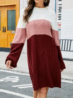 Women's Sweater Dress Jumper Dress Casual Dress Midi Dress Fashion Color Block Outdoor Holiday Vacation Going Out Round Neck Long Sleeve Patchwork 2023 Loose Fit Wine Khaki S M L XL -Party Prom Dresses Sales Store vdxopw1697537959222