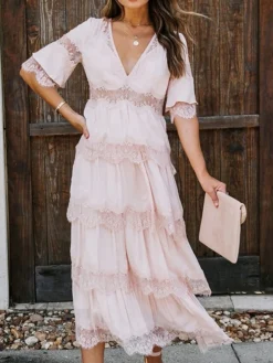 Women's Party Dress Lace Dress White Dress Midi Dress Black Pink White Half Sleeve Pure Color Lace Spring Summer V Neck S M L XL XXL -Party Prom Dresses Sales Store vefdqu1630555190368