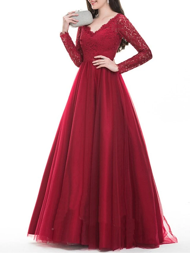 Women‘s Formal Party Dress Wedding Guest Dress Lace Dress Sheath Dress Long Dress Maxi Dress Red Long Sleeve Pure Color Lace Winter Fall Autumn V Neck Winter Dress Slim S M L XL 3 Women‘s Formal Party Dress Wedding Guest Dress Lace Dress Sheath Dress Long Dress Maxi Dress Red Long Sleeve Pure Color Lace Winter Fall Autumn V Neck Winter Dress Slim S M L XL - Image 3