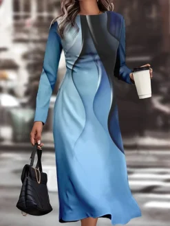 Women's Work Dress Casual Dress Semi Formal Dress Fashion Winter Dress Daily Midi Dress Print Crew Neck Long Sleeve Geometric Ombre Slim Royal Blue Blue Light Blue Fall Winter S M L XL XXL