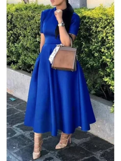 Women‘s Party Dress Cocktail Dress Work Dress Black Dress Midi Dress White Blue Short Sleeve Pure Color Ruched Summer Spring Fall Stand Collar Vintage Office Wedding Guest Birthday -Party Prom Dresses Sales Store vgkjfl1677500062319