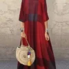 Women's Casual Dress Cotton Linen Dress Shift Dress Maxi Long Dress Cotton Blend Fashion Casual Outdoor Daily Going Out Boat Neck Print 3/4 Length Sleeve Summer Spring 2023 Loose Fit Red Khaki Dark