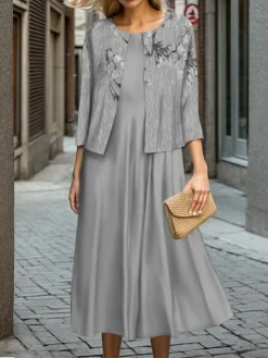 Women's Two Piece Dress Set Casual Dress Swing Dress Outdoor Office Fashion Streetwear Print Midi Dress Crew Neck 3/4 Length Sleeve Floral Regular Fit Blue Purple Green Fall Winter S M L XL XXL