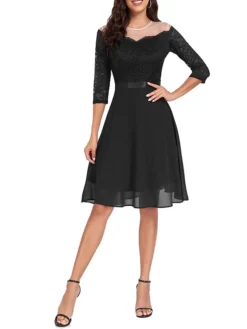 Women's Party Dress Lace Dress Cocktail Dress Midi Dress Black Wine Navy Blue 3/4 Length Sleeve Pure Color Lace Spring Fall Winter Crew Neck Fashion Winter Dress Wedding Guest Vacation 2023 S M L XL -Party Prom Dresses Sales Store vhcluv1692179554651