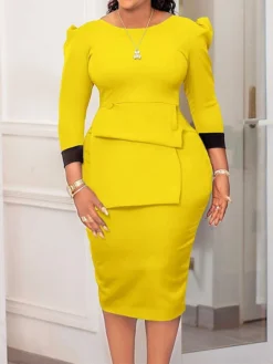 Women's Work Dress Sheath Dress Semi Formal Dress Fashion Office Daily Workfashion Midi Dress Button Crew Neck Long Sleeve Plain Slim Yellow Red Blue Fall Winter S M L XL XXL -Party Prom Dresses Sales Store vhlszz1695030988963