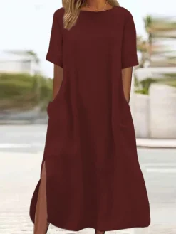 Women's Casual Dress Cotton Linen Dress A Line Dress Maxi Long Dress Cotton Blend Basic Modern Outdoor Daily Crew Neck Pocket Split Short Sleeve Summer Spring 2023 Loose Fit ArmyGreen Black Wine Plain -Party Prom Dresses Sales Store vhpqfz1684825418576