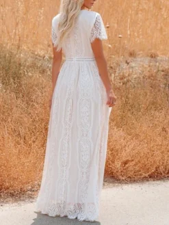 Women's Party Dress Lace Dress White Dress Long Dress Maxi Dress White Pink Half Sleeve Pure Color Lace Summer Spring Fall V Neck Gothic Party Spring Dress 2022 S M L XL XXL -Party Prom Dresses Sales Store vhrdex1632824133645