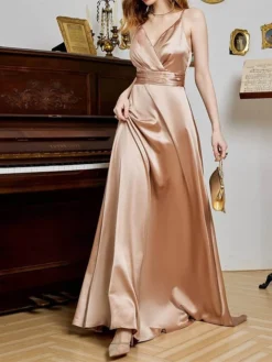 Women's Prom Dress Party Dress Satin Dress Long Dress Maxi Dress Champagne Pink Red Sleeveless Pure Color Backless Spring Fall Winter Spaghetti Strap Fashion Winter Dress Evening Party Wedding Guest -Party Prom Dresses Sales Store vhydhh1692079375469