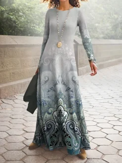 Women's Work Dress Casual Dress A Line Dress Fashion Winter Dress Daily Long Dress Maxi Dress Print Crew Neck Long Sleeve Floral Ombre Regular Fit Blue Purple Green Fall Winter S M L XL XXL -Party Prom Dresses Sales Store vigjue1694413140986