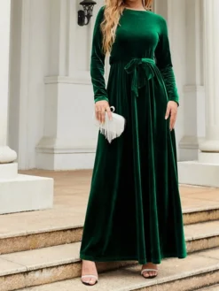 Women's Party Dress Velvet Dress Emerald Green Dress Long Dress Maxi Dress Black Wine Green Long Sleeve Pure Color Lace Up Spring Fall Winter Round Neck Fashion Winter Dress Fall Dress Spring Dress