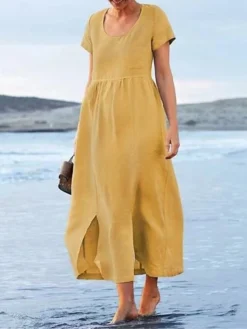 Women's Casual Dress Cotton Linen Dress Maxi Long Dress Polyester Daily Casual Daily Outdoor Home Daily Crew Neck Ruched Pocket Short Sleeve Summer Spring 2023 Regular Fit Black Yellow Plain S M L XL