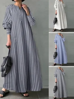 Women's Casual Dress Cotton Linen Dress Swing Dress Maxi Long Dress Cotton Blend Fashion Classic Outdoor Daily Vacation Split Neck Button Print Long Sleeve Summer Spring Fall 2023 Loose Fit White