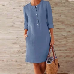 Women‘s Casual Dress Cotton Linen Dress Shift Dress Knee Length Dress Gray Khaki Orange Dark Gray Long Length Sleeve Pure Color Pocket Button Spring Summer Fall Crew Neck Basic Loose S M L XL XXL -Party Prom Dresses Sales Store viykzm1639985329401
