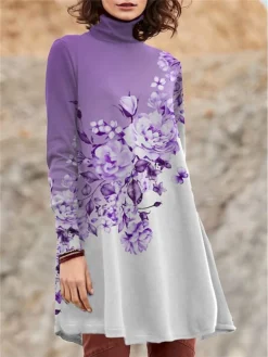 Women's Work Dress Casual Dress Swing Dress Fashion Winter Dress Daily Mini Dress Print Turtleneck Long Sleeve Floral Regular Fit Pink Blue Purple Fall Winter S M L XL XXL