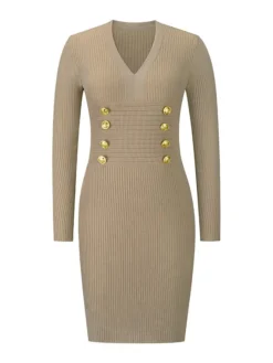 Women's Sweater Dress Jumper Dress Casual Dress Midi Dress Active Plain Outdoor Casual Holiday Vacation V Neck Long Sleeve Button 2023 Regular Fit Black Red Green S M L XL XXL -Party Prom Dresses Sales Store vjxzja1697537833820