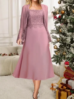 Women's Two Piece Dress Set Party Dress Lace Dress Party Outdoor Fashion Streetwear Lace Patchwork Midi Dress Crew Neck Long Sleeve Plain Regular Fit Purple Fall Winter S M L XL XXL