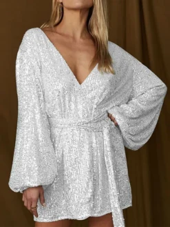Women‘s Party Dress Sequin Dress Homecoming Dress Cocktail Dress Mini Dress Black White Champagne Long Sleeve Pure Color Sparkly Glitter Lace Up Fall Winter Autumn V Neck Wedding Guest -Party Prom Dresses Sales Store vkdtfi1694592553441