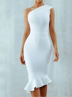 Party Prom Dresses Sales Store 8 Women‘s Cocktail Party Dress Bodycon Sheath Dress Midi Dress Green Black Pink Sleeveless Pure Color Ruffle Spring Summer One Shoulder Slim 2023 S M L XL XXL