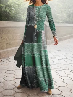 Women's Work Dress Casual Dress A Line Dress Fashion Winter Dress Daily Long Dress Maxi Dress Print Crew Neck Long Sleeve Geometric Plaid Regular Fit Yellow Blue Green Fall Winter S M L XL XXL -Party Prom Dresses Sales Store vkigvp1694490803036