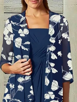 Women's Two Piece Dress Set Party Dress Chiffon Dress Party Outdoor Fashion Elegant Ruffle Print Midi Dress Square Neck 3/4 Length Sleeve Floral Regular Fit Blue Summer Spring S M L XL XXL -Party Prom Dresses Sales Store vkqdrx1682567207549