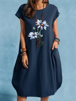 Women's Cotton Linen Dress Midi Dress Linen Cotton Blend Casual Outdoor Daily Vacation Crew Neck Pocket Rolled Cuff Short Sleeve Summer Spring 2023 Loose Fit Black White Navy Blue Floral S M L XL XXL