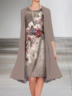 Women's Dress Set Two Piece Dress Church Dress Midi Dress Light Brown Light Grey Half Sleeve Floral Print Summer Spring Fall Crew Neck Elegant Wedding Guest Vacation 2023 S M L XL XXL 3XL