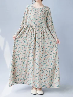 Women's Casual Dress Linen Dress Swing Dress Maxi Long Dress Linen Fashion Modern Outdoor Daily Holiday Crew Neck Print Long Sleeve Fall Winter Autumn 2023 Loose Fit Apricot Flower L XL 2XL 30 Women's Casual Dress Linen Dress Swing Dress Maxi Long Dress Linen Fashion Modern Outdoor Daily Holiday Crew Neck Print Long Sleeve Fall Winter Autumn 2023 Loose Fit Apricot Flower L XL 2XL -Party Prom Dresses Sales Store vkzgnb1693553163768