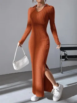 Women's Sweater Dress Winter Dress Jumper Dress Long Dress Maxi Dress Split Daily Date Going Out Active Fashion V Neck Long Sleeve 2023 Slim Black Brown Color S M L Size -Party Prom Dresses Sales Store vkzrfu1693559543833