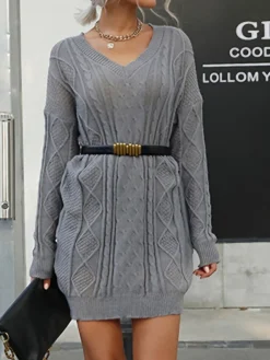 Women's Sweater Dress Winter Dress Jumper Dress Mini Dress Ruched Outdoor Street Daily Fashion Streetwear V Neck Long Sleeve 2023 Loose Fit Gray Color S M L Size