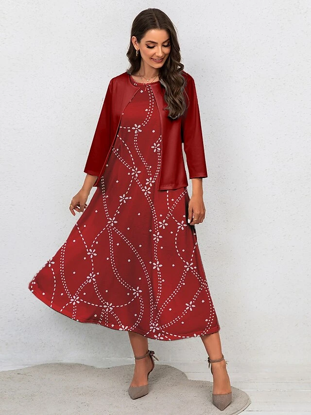 Women's Two Piece Dress Set Casual Dress Swing Dress Outdoor Office Fashion Streetwear Print Midi Dress Crew Neck 3/4 Length Sleeve Floral Regular Fit Wine Blue Fall Winter S M L XL XXL 2 Women's Two Piece Dress Set Casual Dress Swing Dress Outdoor Office Fashion Streetwear Print Midi Dress Crew Neck 3/4 Length Sleeve Floral Regular Fit Wine Blue Fall Winter S M L XL XXL - Image 2