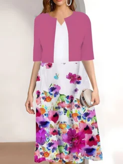 Women's Two Piece Dress Set Casual Dress Print Dress Outdoor Daily Fashion Work Print Midi Dress V Neck Half Sleeve Floral Regular Fit Pink Wine Navy Blue Summer Spring S M L XL XXL -Party Prom Dresses Sales Store vlrhuy1689669891977