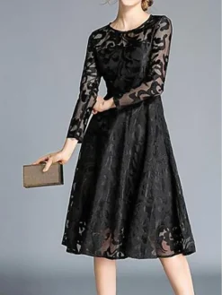 Women's Party Dress Lace Dress Swing Dress Midi Dress Wine Red Black Blue Long Sleeve Pure Color Lace Winter Fall Spring Crew Neck Elegant Party Winter Dress Wedding Guest 2023 S M L XL 2XL 3XL -Party Prom Dresses Sales Store vmoenf1645779844668