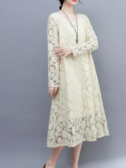 Women's Work Dress Lace Dress Black Dress Fashion Midi Dress Lace Crew Neck Long Sleeve Plain Loose Fit Black White Pink Fall Winter M L XL XXL 3XL -Party Prom Dresses Sales Store vmqosz1693300596425