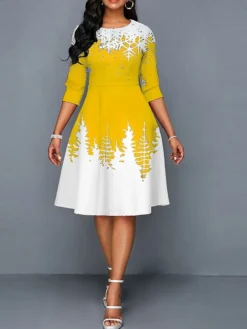 Women's Work Dress A Line Dress Fashion Christmas Midi Dress Print Crew Neck Half Sleeve Snowflake Regular Fit Black Yellow Red Fall Winter S M L XL XXL