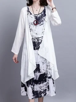 Women's Two Piece Dress Set Casual Dress Cotton Linen Dress Daily Holiday Fashion Streetwear Pocket Drawstring Midi Dress Crew Neck Long Sleeve Painting Print Loose Fit Black Dark Blue Fall Winter M -Party Prom Dresses Sales Store vmulhd1694068677354