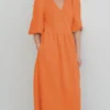 Women's Casual Dress Cotton Linen Dress Wrap Dress Midi Dress Cotton Basic Classic Outdoor Daily Vacation V Neck Lace Up Half Sleeve Spring Fall Autumn 2023 Regular Fit Orange Green Plain S M L
