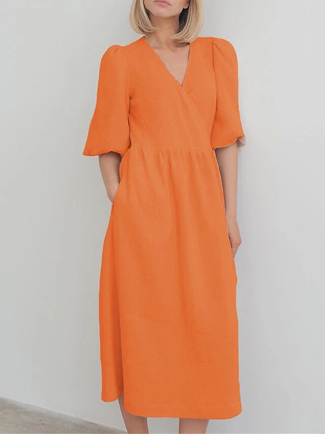 Women's Casual Dress Cotton Linen Dress Wrap Dress Midi Dress Cotton Basic Classic Outdoor Daily Vacation V Neck Lace Up Half Sleeve Spring Fall Autumn 2023 Regular Fit Orange Green Plain S M L 1 Women's Casual Dress Cotton Linen Dress Wrap Dress Midi Dress Cotton Basic Classic Outdoor Daily Vacation V Neck Lace Up Half Sleeve Spring Fall Autumn 2023 Regular Fit Orange Green Plain S M L