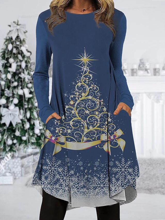 Women's Christmas Work Dress Casual Dress Fashion Winter Dress Daily Midi Dress Pocket Print Crew Neck Long Sleeve SnowmanTree Regular 3 Women's Christmas Work Dress Casual Dress Fashion Winter Dress Daily Midi Dress Pocket Print Crew Neck Long Sleeve SnowmanTree Regular - Image 3