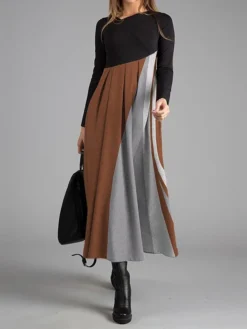 Women's Work Dress Casual Dress Swing Dress Fashion Winter Dress Daily Long Dress Maxi Dress Button Print V Neck Long Sleeve Geometric Color Block Regular Fit Red Blue Brown Fall Winter S M L XL XXL -Party Prom Dresses Sales Store vniexv1697524339525